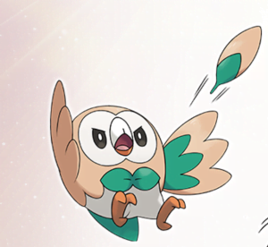 Rowlet firing its leaves with the move 'Leafage'.