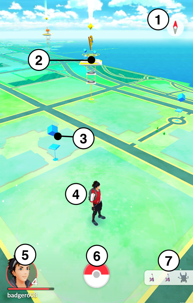 In order of number: Compass, Gyms, PokéSpots, your character, Profile menu, Main menu, and Nearby Pokémon.