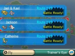 Trainer's Eye shows rematchable Trainers. Gym Leaders will be greyed out, meaning you can't rematch them.