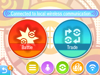 Functions the player can access when in Festival Plaza — Battle, Trade, Friend List, Profile, Pokémon, Bag and Internet access.