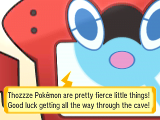 Rotom Pokédex making a comment: "Thozzze Pokémon are pretty fierce little things! Good luck getting all the way through the cave!"