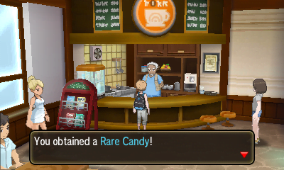 Receiving a Rare Candy at the Pokémon Center's Café.