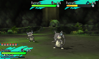 Wild Pokémon will occasionally call for help. Two Rattata depicted on screen in a two-on-one situation.