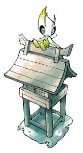 Illustration of Celebi sitting atop the Ilex Forest Shrine.