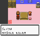 Screenshot of a dialog saying the player has received an Egg Ticket. Image of player talking to old man in the Daycare Center. Image in Japanese.