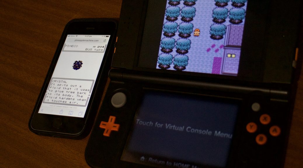 Image of an iPhone and a Nintendo 3DS side-by-side with gscdex loaded on the iPhone and Pokémon Gold on the 3DS.
