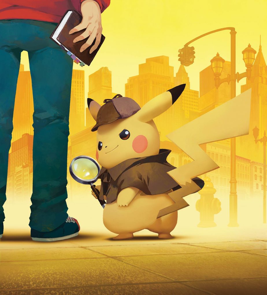 Image of Detective Pikachu wielding a magnifying glass and hat, standing next to his partner. Set to a backdrop of a city.