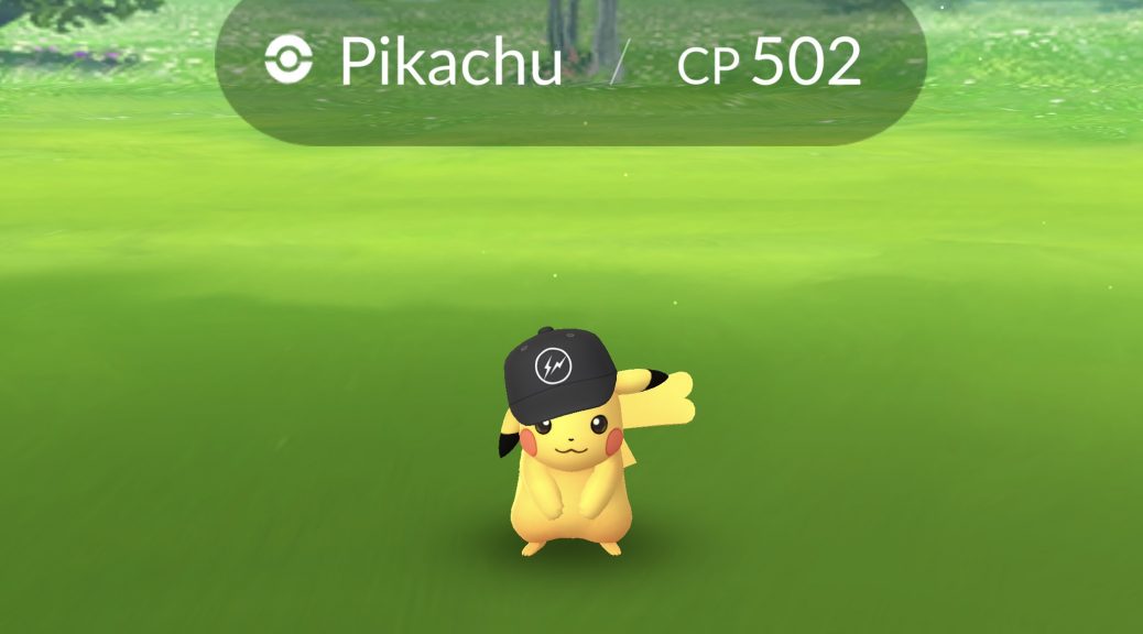 Wild battle with a Pikachu wearing a Hiroshi Fujiwara cap.