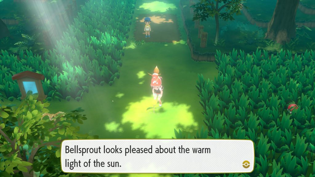 Screenshot of female player character with Eevee on head and the Bellsprout following the player. Text: “Bellsprout looks pleased about the warm light of the sun.”