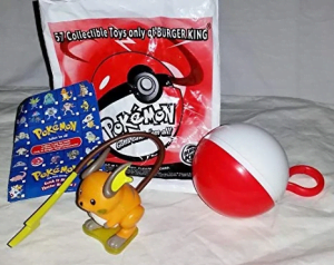 1999 Burger king promotion toy. Includes Raichu, Poke ball keychain, a card and plastic bag.